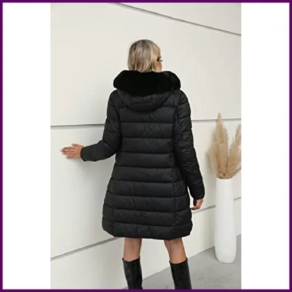 Women's Faux Leather Puffer Jacket with Fur Hood Belted Winter Coat